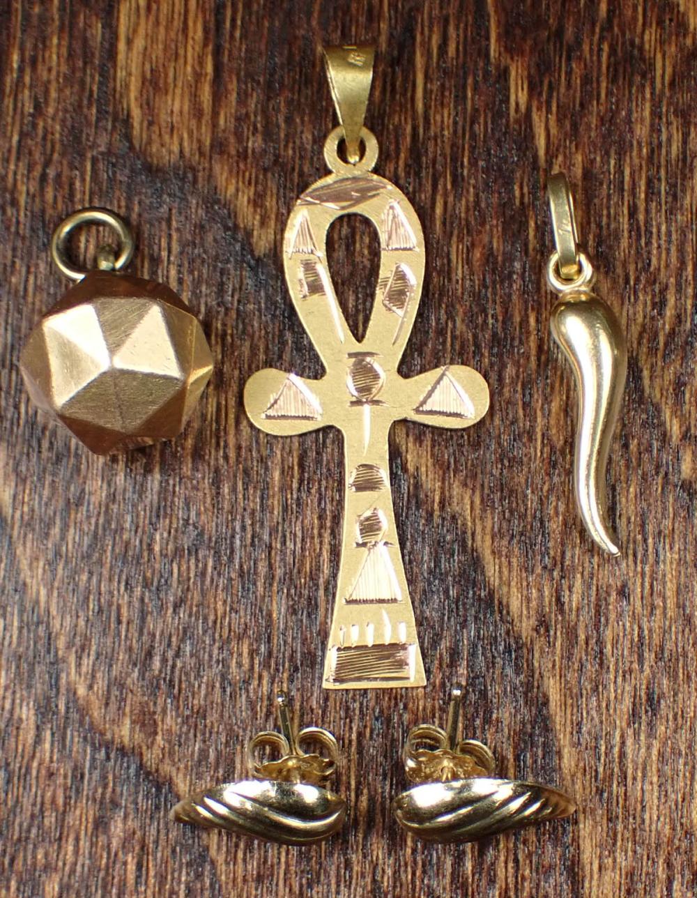 THREE GOLD PENDANTS AND PAIR OF