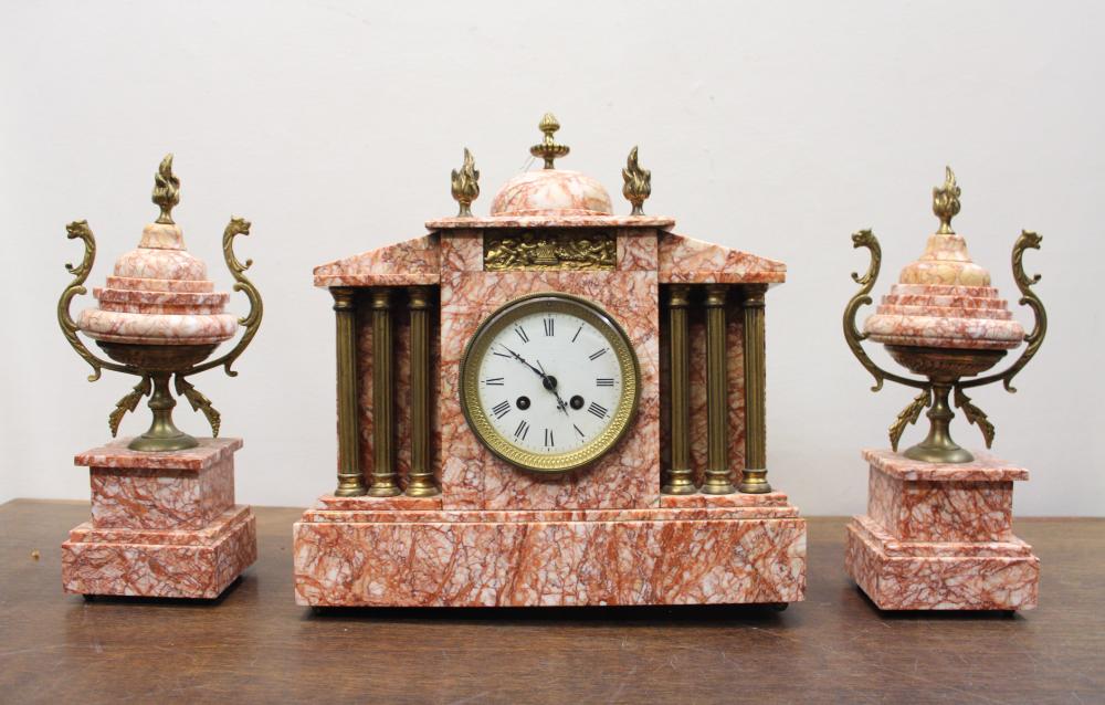 THREE-PIECE ROSE MARBLE CLOCK SETTHREE-PIECE