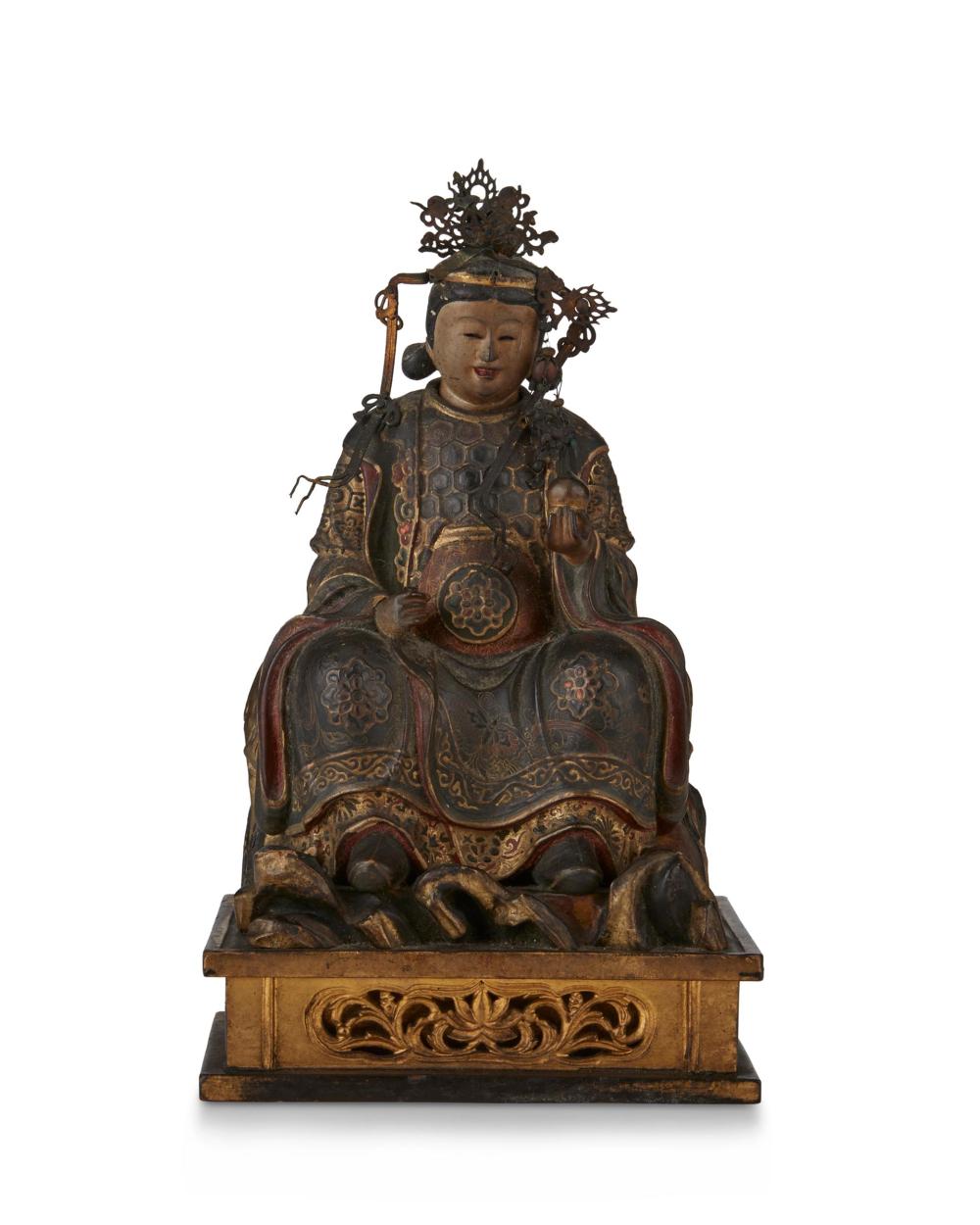 A CHINESE CARVED WOOD SEATED FIGUREA 344076