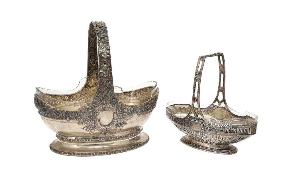 TWO SILVER AND GLASS BASKET CENTERPIECESTwo