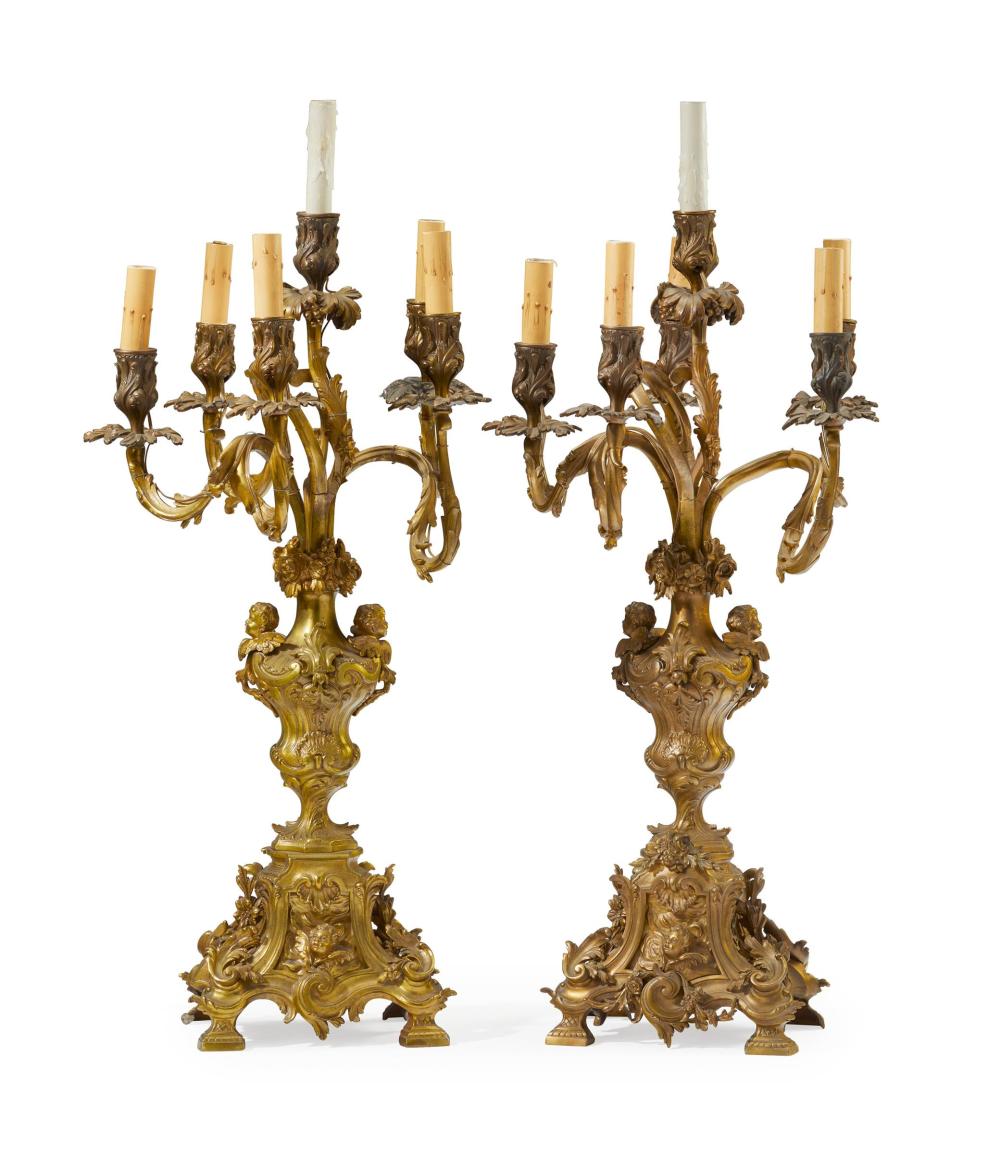 A PAIR OF GILT-BRONZE CANDLE LAMPSA