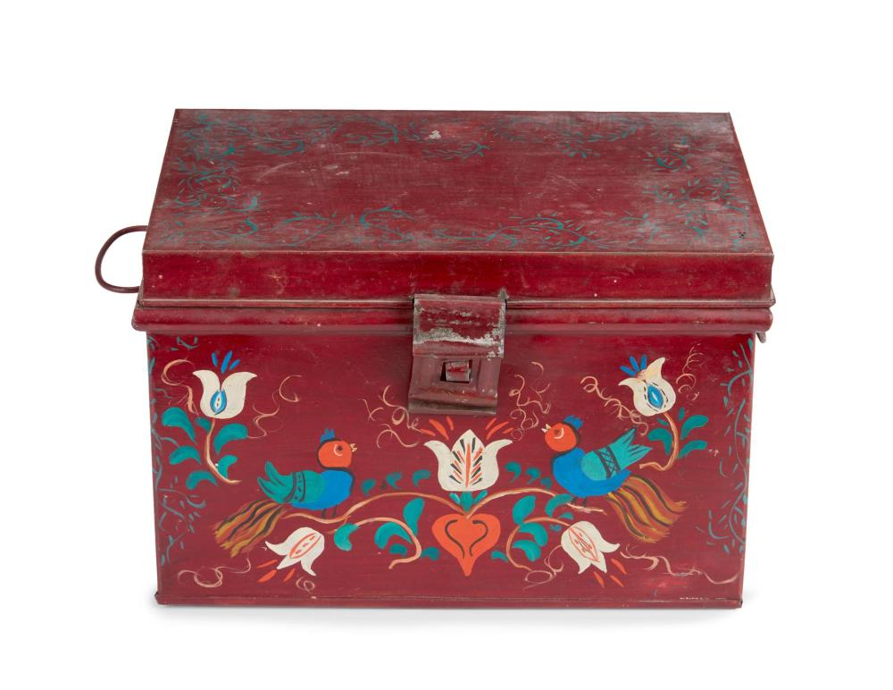A HAND-PAINTED TIN BOXA hand-painted