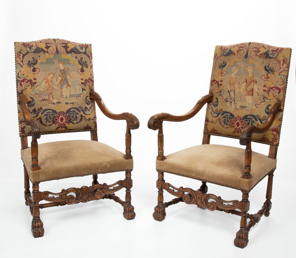 A PAIR OF NEEDLEPOINT HALL CHAIRSA