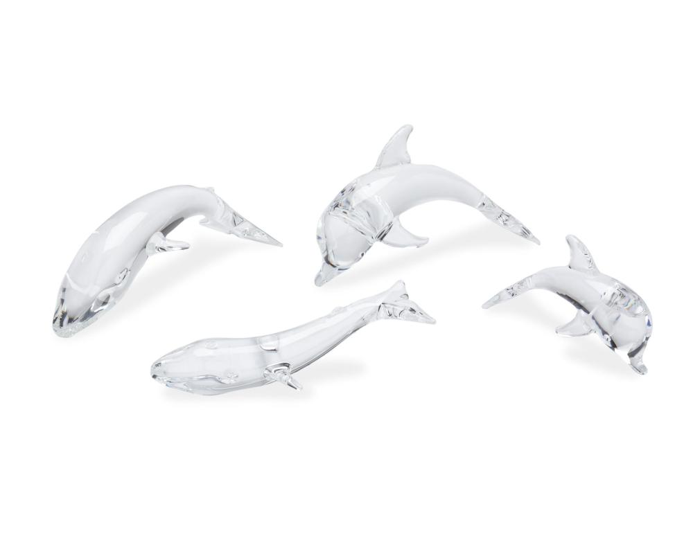 FOUR STEUBEN CRYSTAL DOLPHIN AND WHALE