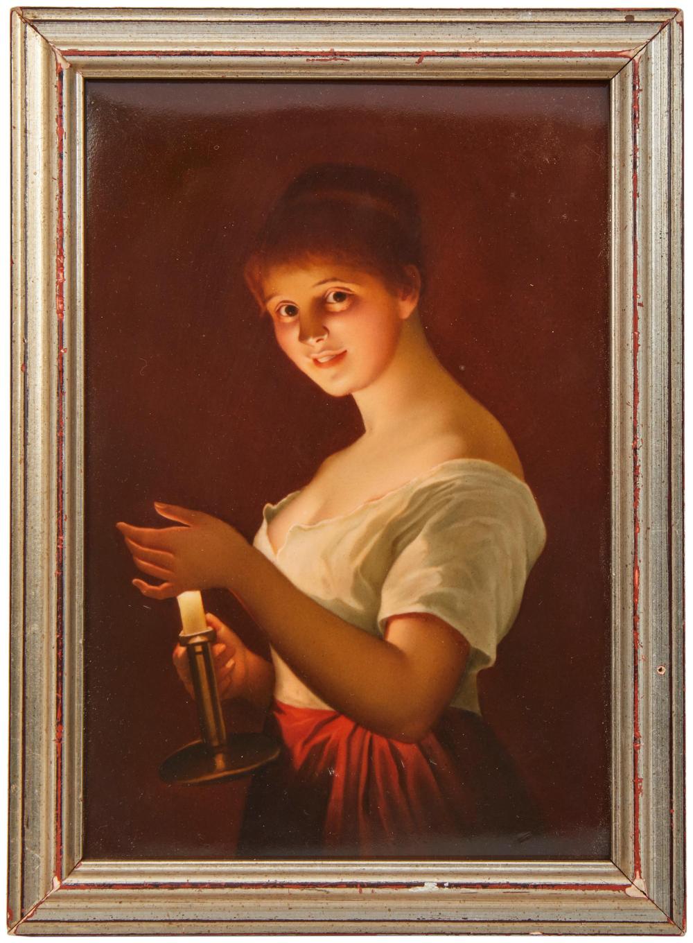 A FRAMED KPM GIRL WITH A CANDLE  344d54