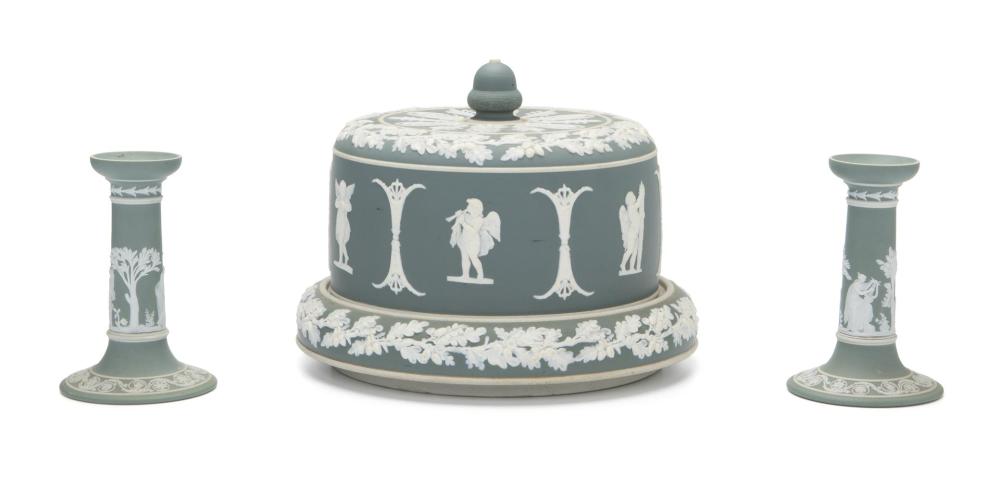 A GREEN WEDGWOOD-STYLE CHEESE DOME