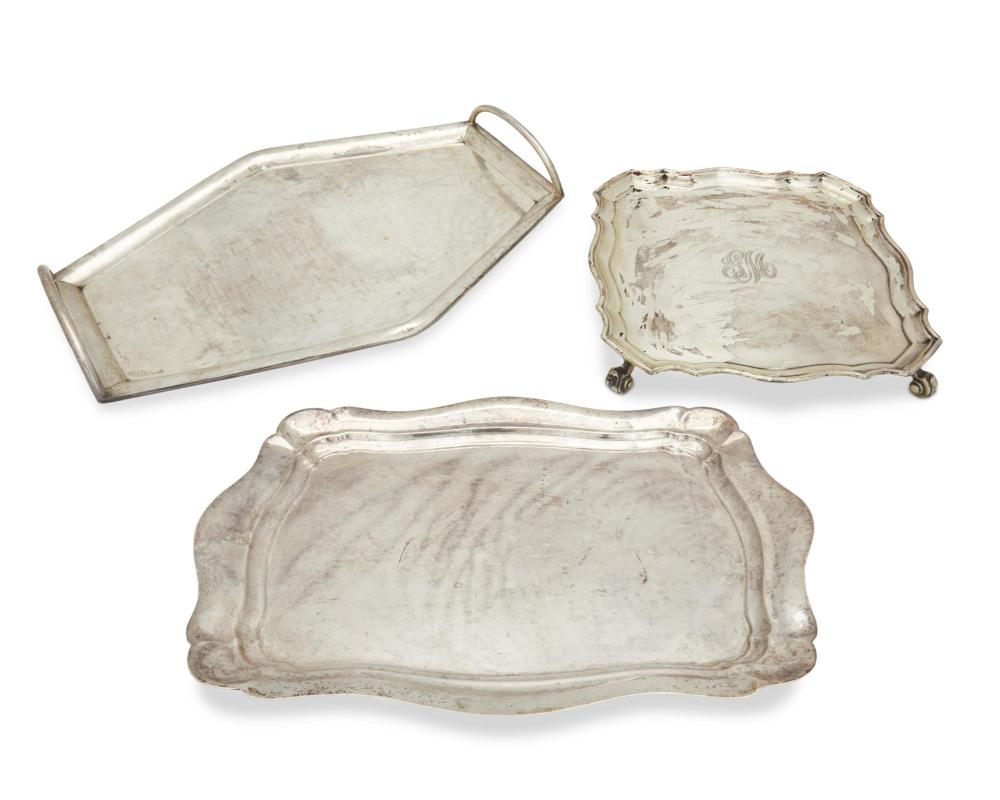 THREE STERLING SILVER SERVING TRAYSThree