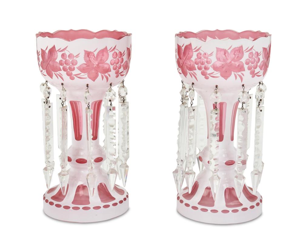 A PAIR OF PINK CUT GLASS LUSTERSA pair