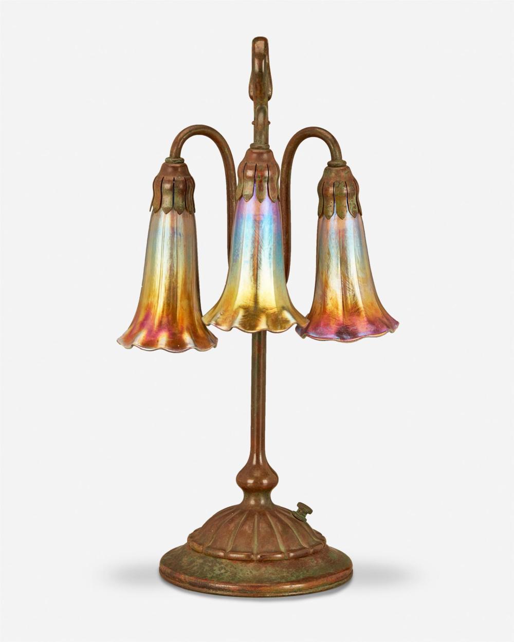 A TIFFANY STUDIOS THREE-LIGHT LILY TABLE