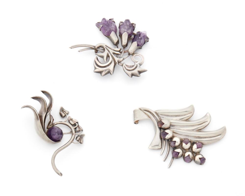 THREE FRED DAVIS SILVER AND AMETHYST