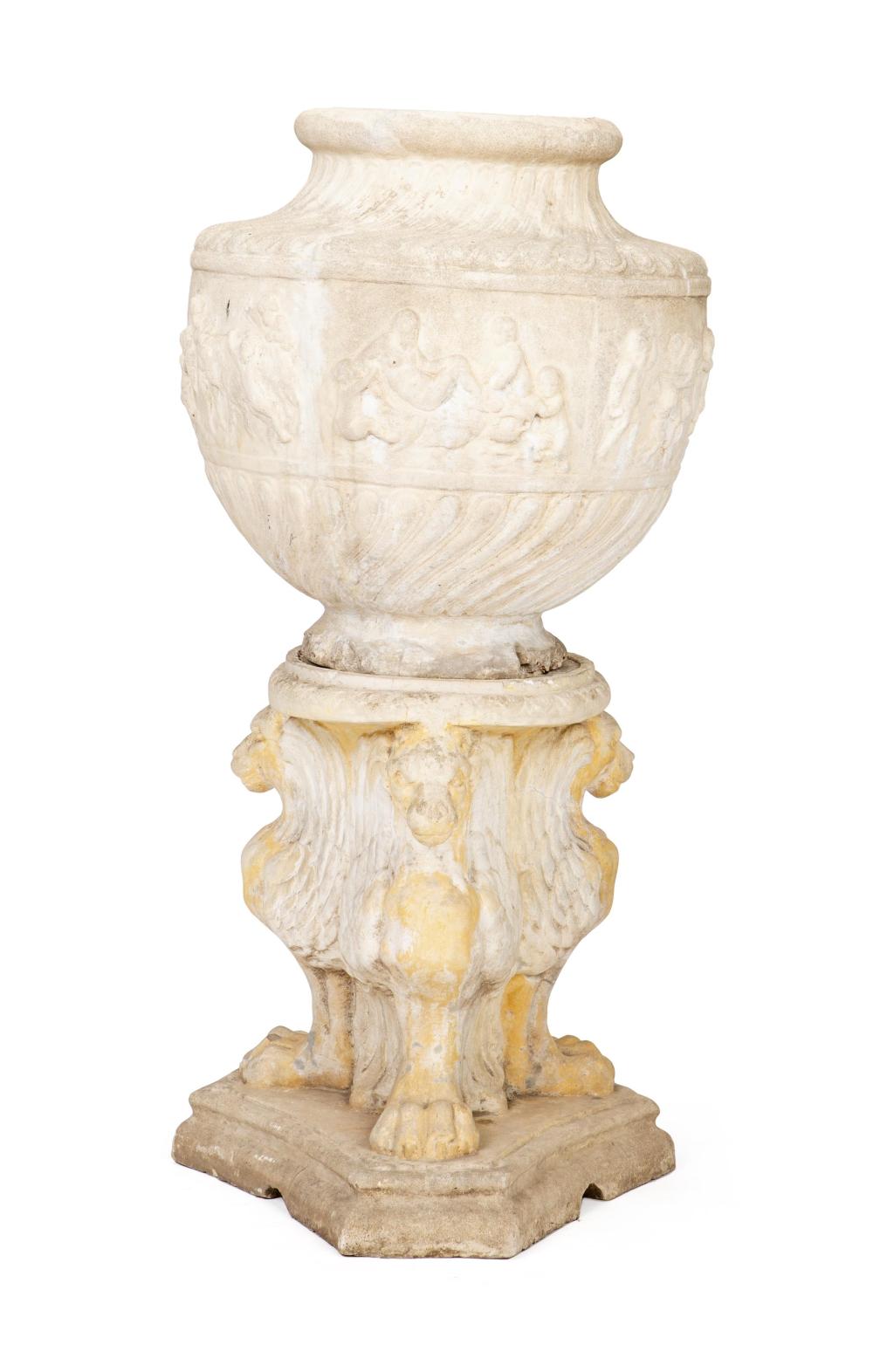 AN ITALIAN CAST STONE URN ON PEDESTALAn 345142