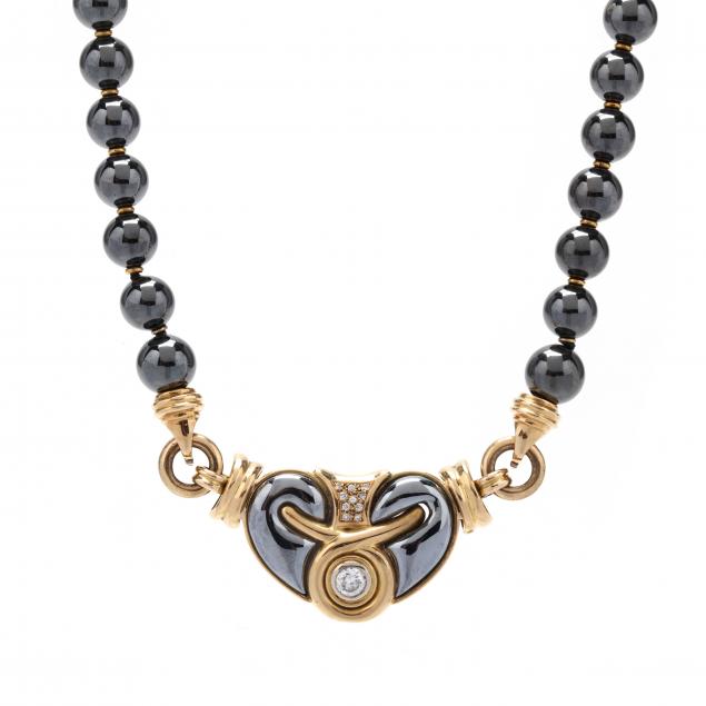 GOLD, HEMATITE, AND DIAMOND NECKLACE,