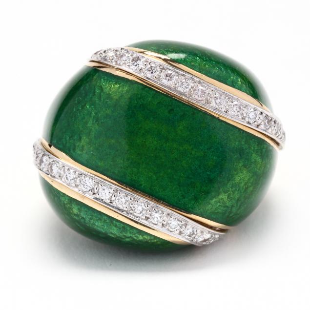 GOLD, GREEN ENAMEL, AND DIAMOND