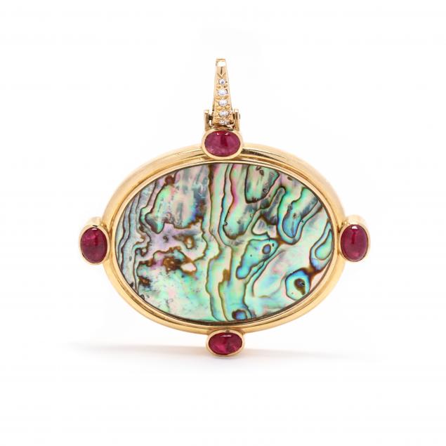 GOLD, ABALONE, AND GEM-SET PENDANT,