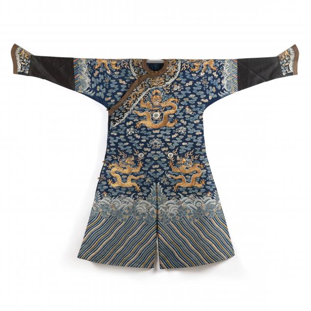 A CHINESE BLUE GROUND EMBROIDERED