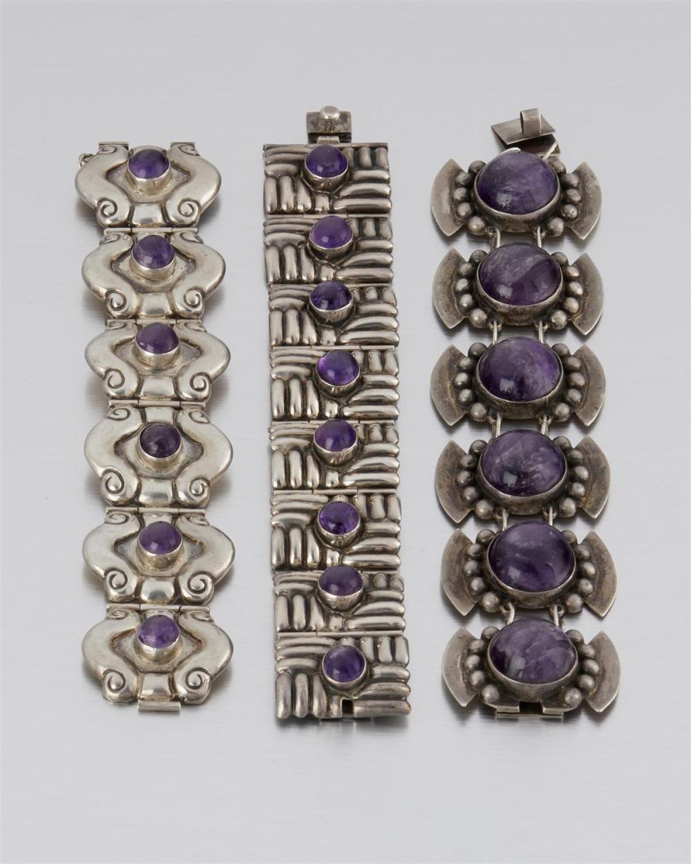 THREE MEXICAN SILVER AND AMETHYST BRACELETSThree