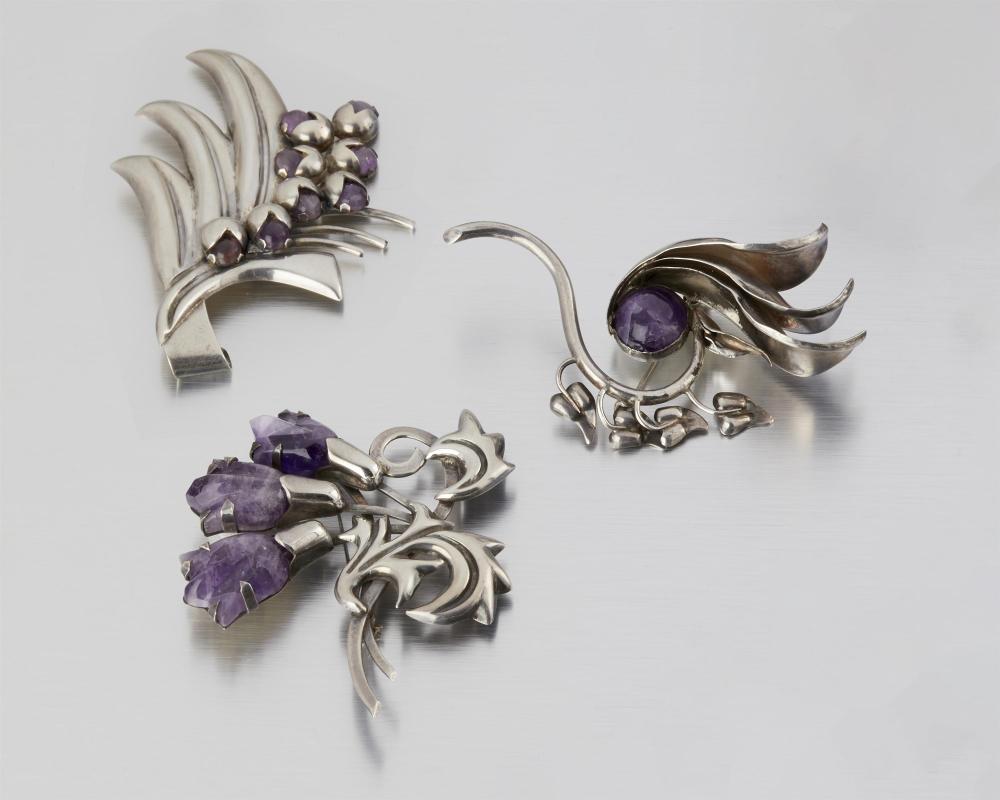 THREE FRED DAVIS SILVER AND AMETHYST