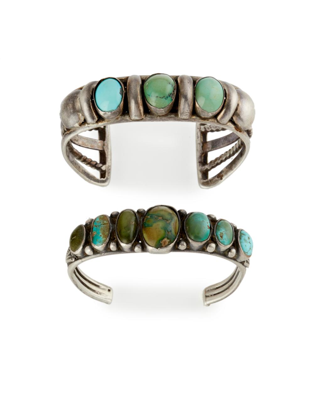 TWO SILVER AND TURQUOISE BRACELETSTwo