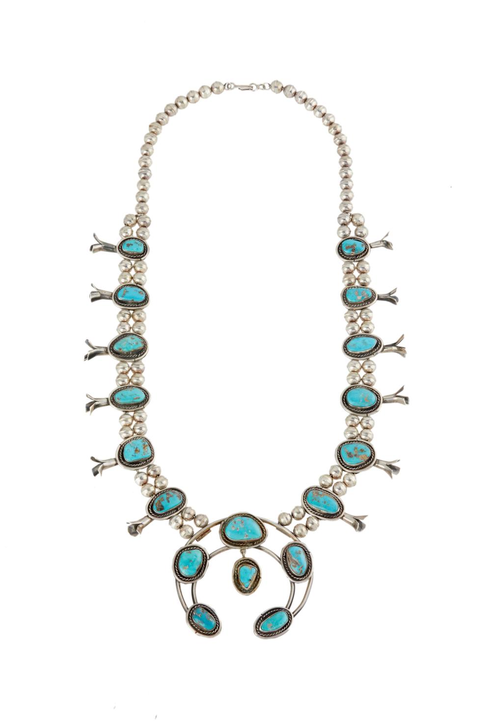 A TURQUOISE SQUASH BLOSSOM NECKLACEA 34306b