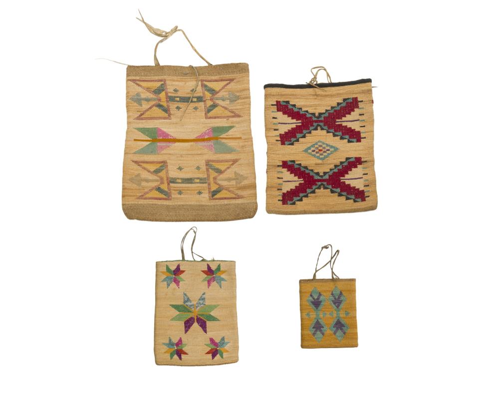 FOUR NEZ PERCE TWINED CORN HUSK BAGSFour