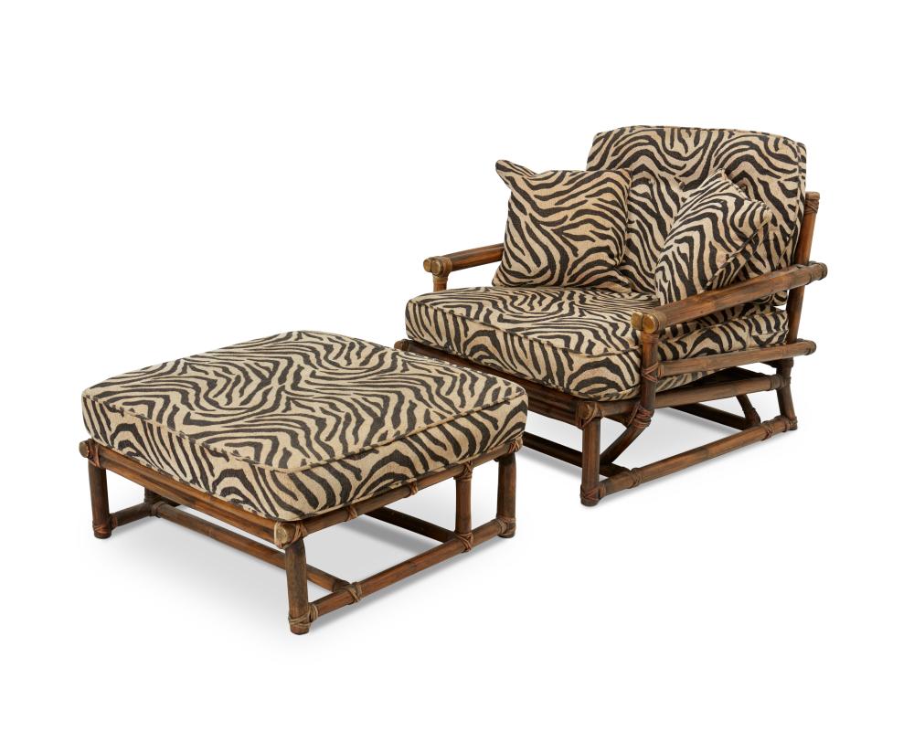 A MCGUIRE BAMBOO CHAIR AND OTTOMANA