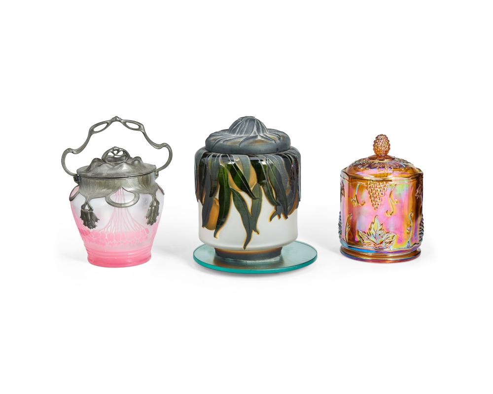 THREE GLASS LIDDED BISCUIT BARRELSThree