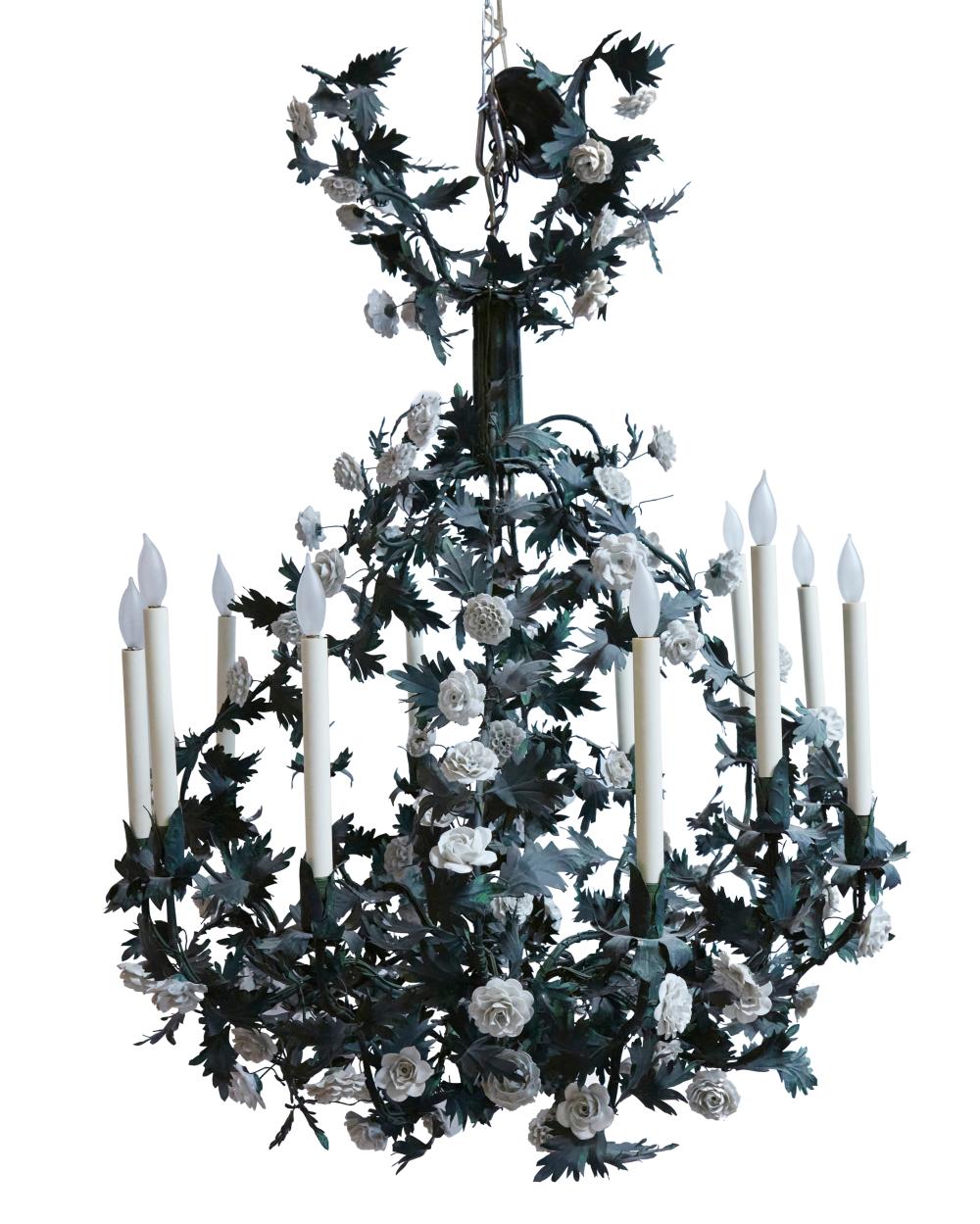 A FRENCH TOLE AND PORCELAIN CHANDELIERA