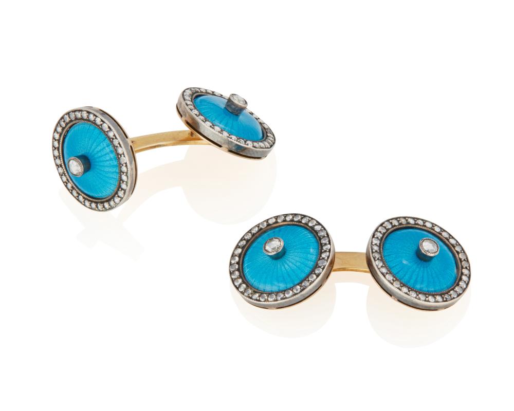 A PAIR OF DIAMOND AND ENAMEL CUFFLINKSA