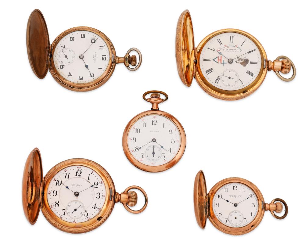 FIVE AMERICAN GOLD-FILLED POCKET WATCHESFive