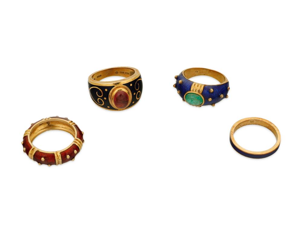 FOUR GOLD AND ENAMEL RINGSFour
