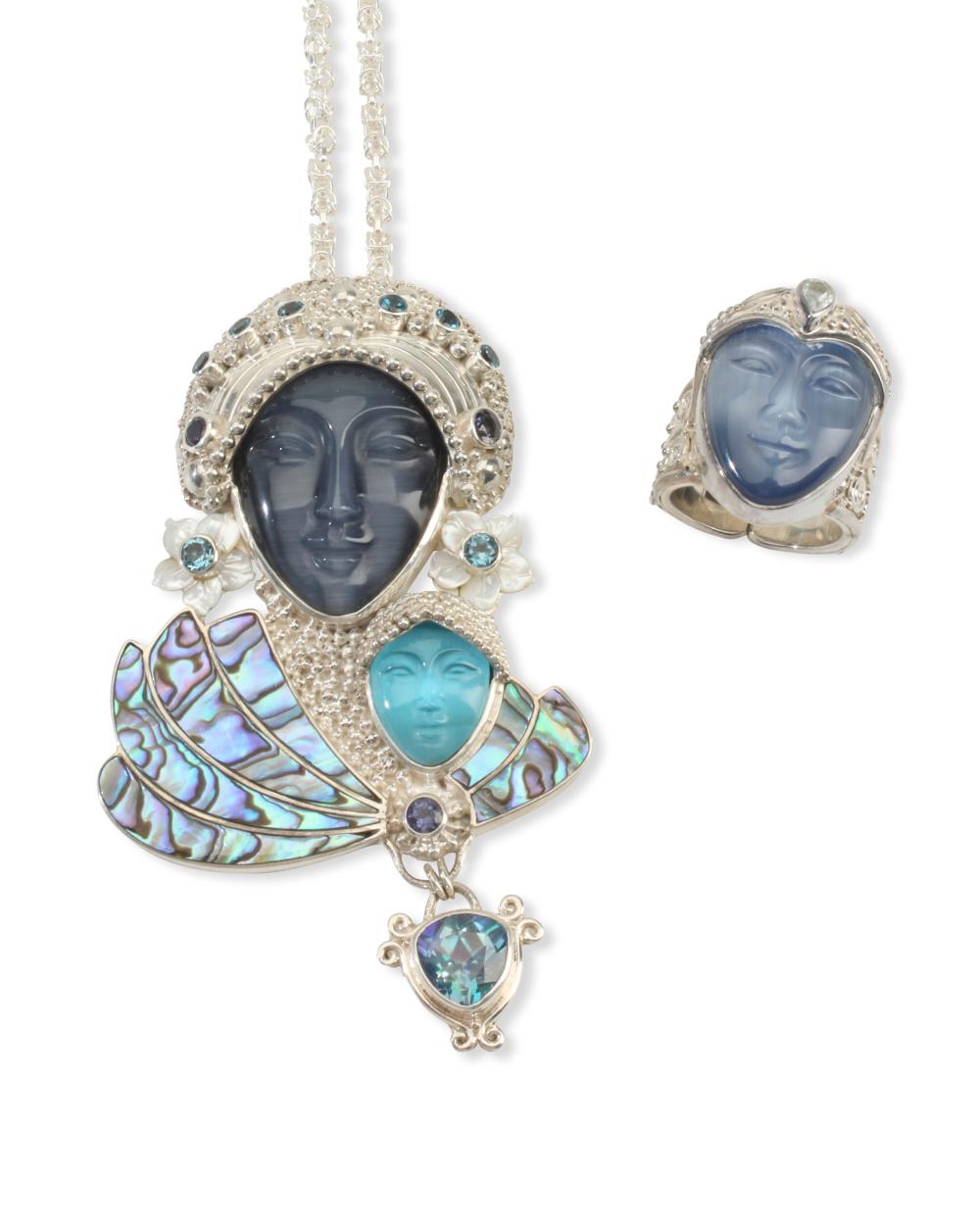 A CARVED STERLING SILVER AND MULTI-GEMSTONE