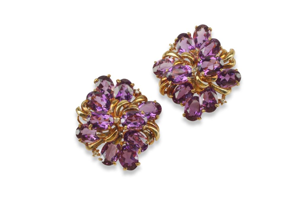 A PAIR OF 14K GOLD FLORAL AMETHYST