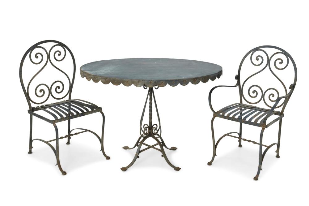 A BLACK IRON BISTRO TABLE AND CHAIRSA 343c95