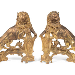A Pair of English Gilt Bronze Lion-Form