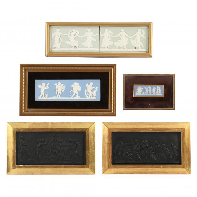 FIVE FRAMED PORCELAIN PLAQUES OF