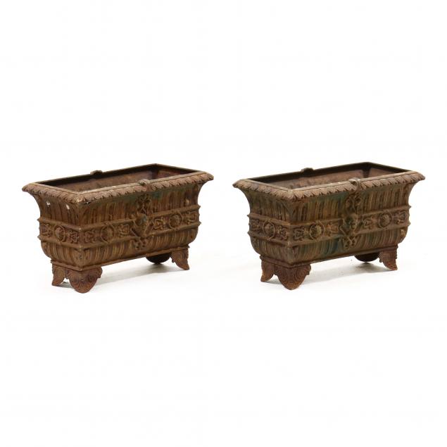 PAIR OF RECTANGULAR CAST IRON PLANTERS 346830