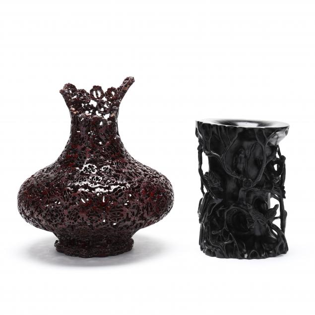 CHINESE BRUSH POT AND WALNUT VASE 346934