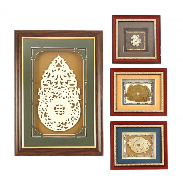 FOUR FRAMED CHINESE HARDSTONE CARVINGS