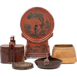 Three Chinese Baskets and Two Lacquer