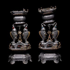 A Pair of Chinese Glass Inset Pewter