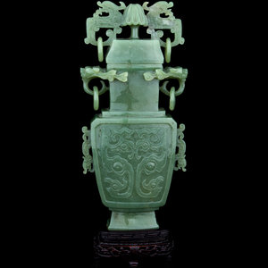A Carved Celadon Jade Covered Vase
20th