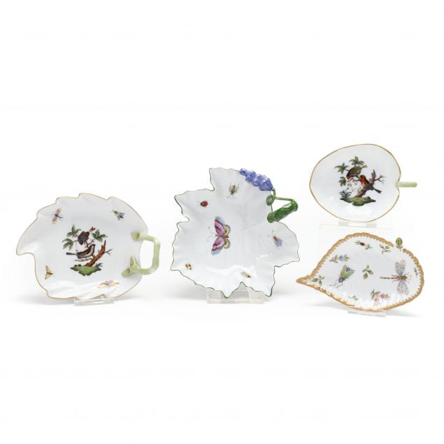 FOUR HAND-PAINTED LEAF FORM DISHES