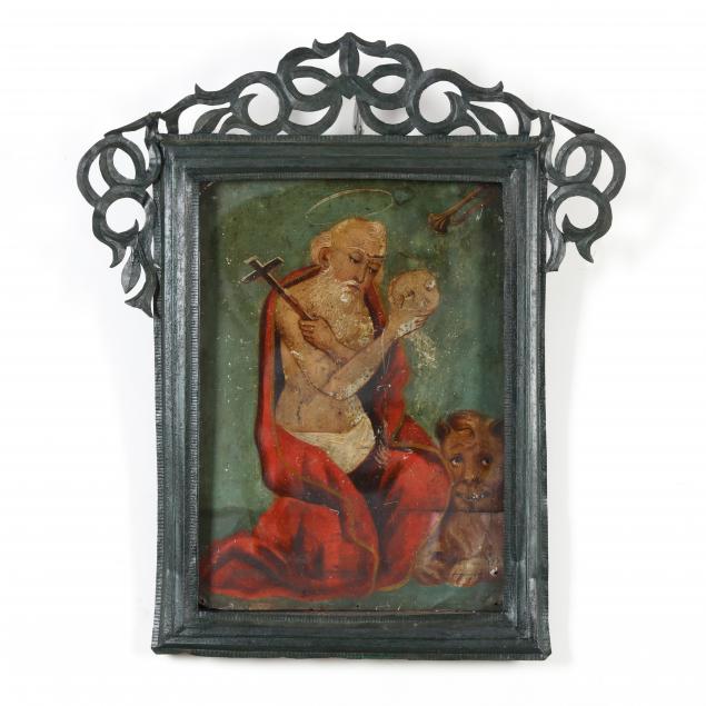 AN ANTIQUE RETABLO OF ST. JEROME, 19TH