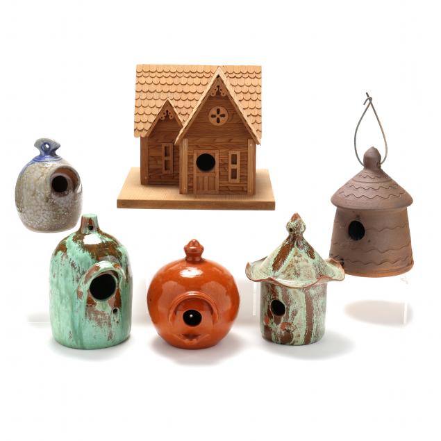 COLLECTION OF SIX NC POTTERY BIRD HOUSES