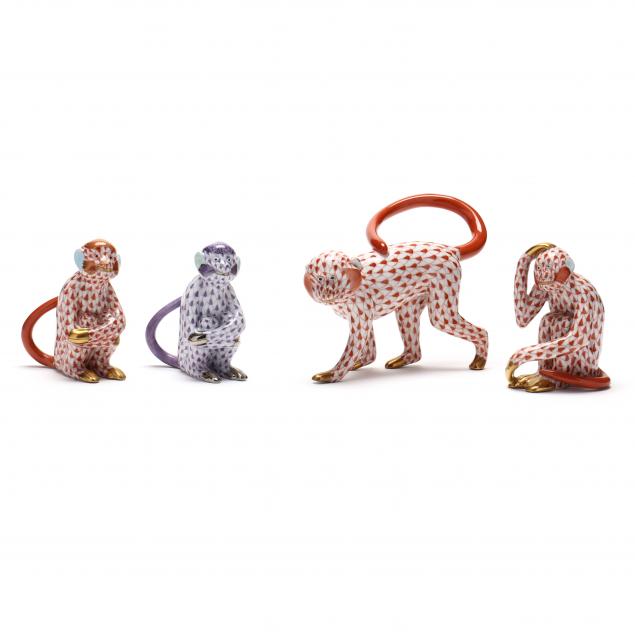FOUR HEREND PORCELAIN SIMIAN FIGURINES