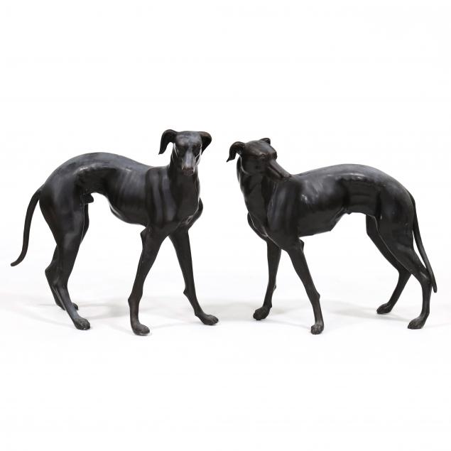 LIFESIZE PAIR OF VINTAGE BRONZE GREYHOUNDS