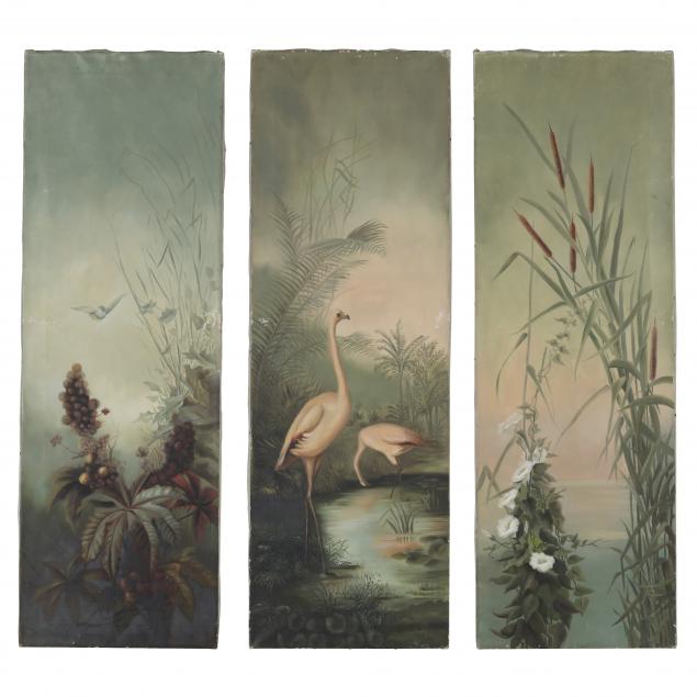 AN ANTIQUE TRIPTYCH OF FLAMINGOS IN