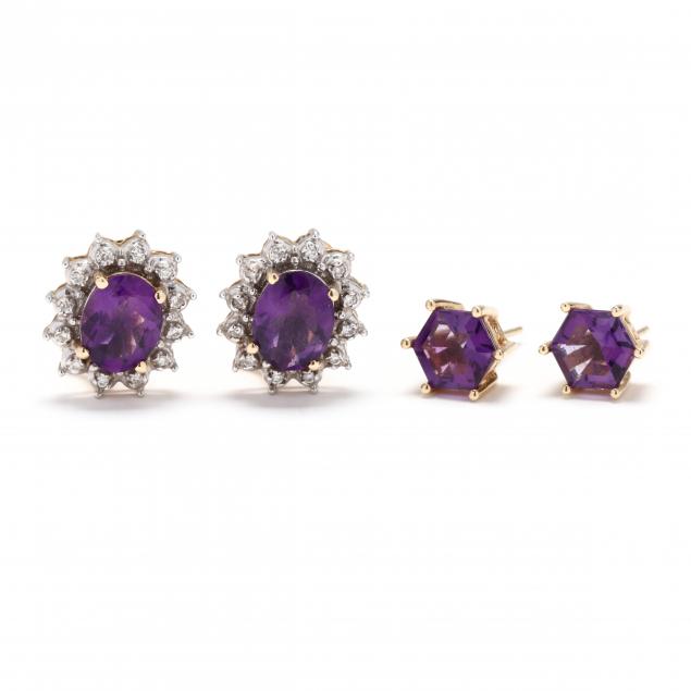 TWO PAIRS OF GOLD AND AMETHYST 3470fe