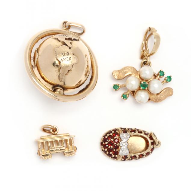 THREE GOLD CHARMS AND A GOLD PENDANT 347106