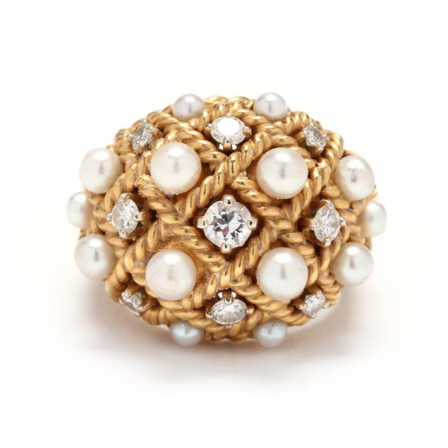 GOLD, DIAMOND, AND PEARL DOME RING Designed